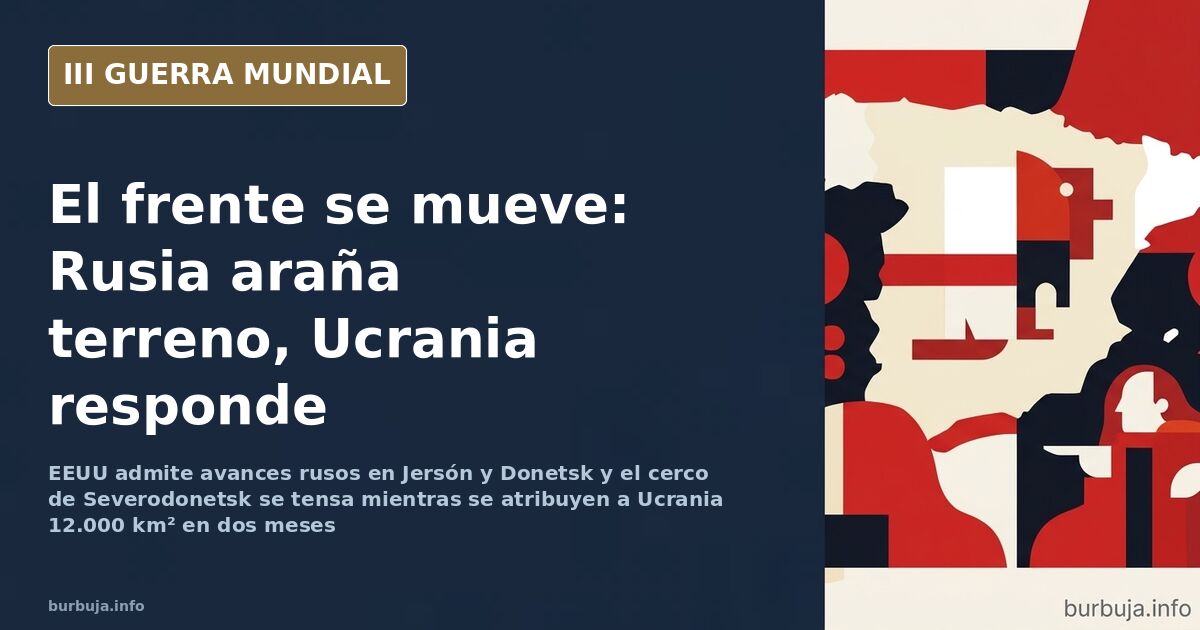 Mesa de mapas con chinchetas sobre el este de Ucrania y siluetas de blindados rusos y ucranianos al fondo, bajo una paleta de