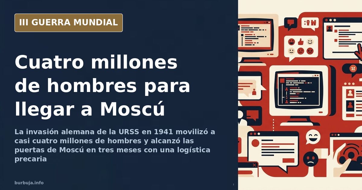 Mapa del avance alemán hacia Moscú en 1941 con siluetas de vehículos militares y columnas de humo en el horizonte
