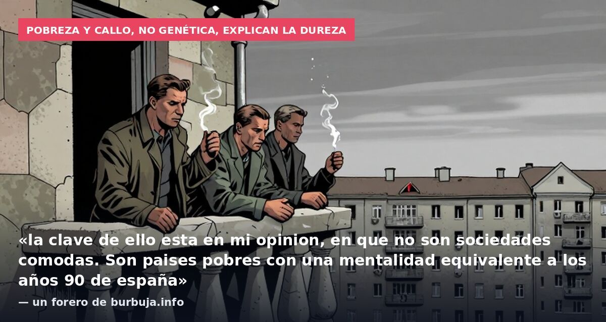 Pobreza y callo, no genética, explican la dureza: «la clave de ello esta en mi opinion, en que no son sociedades comodas. Son paises pobres con una mentalidad equivalente a los años 90 de españa» — un forero de burbuja.info