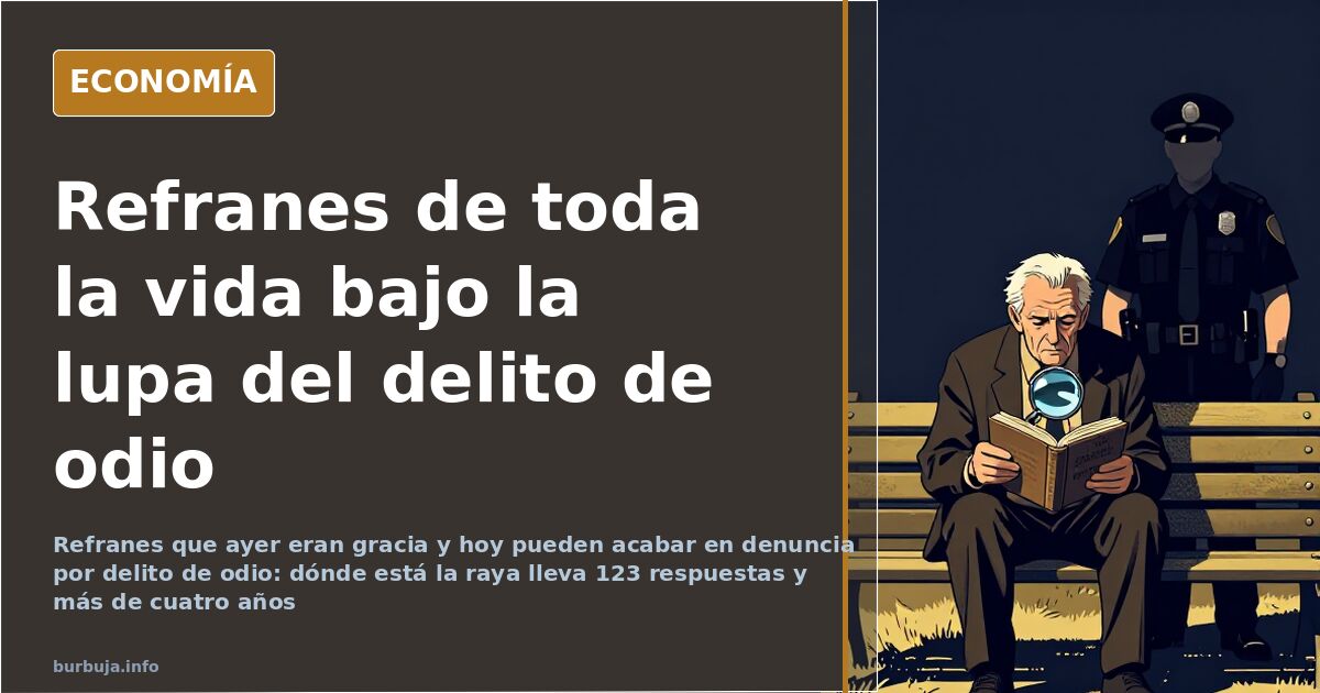 Ilustración editorial de un libro de refranes abierto junto a una balanza de la justicia sobre fondo azul marino y dorado