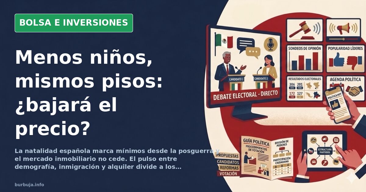 Gráfico de velas japonesas sobre fondo oscuro con línea descendente de natalidad y precios de vivienda al alza