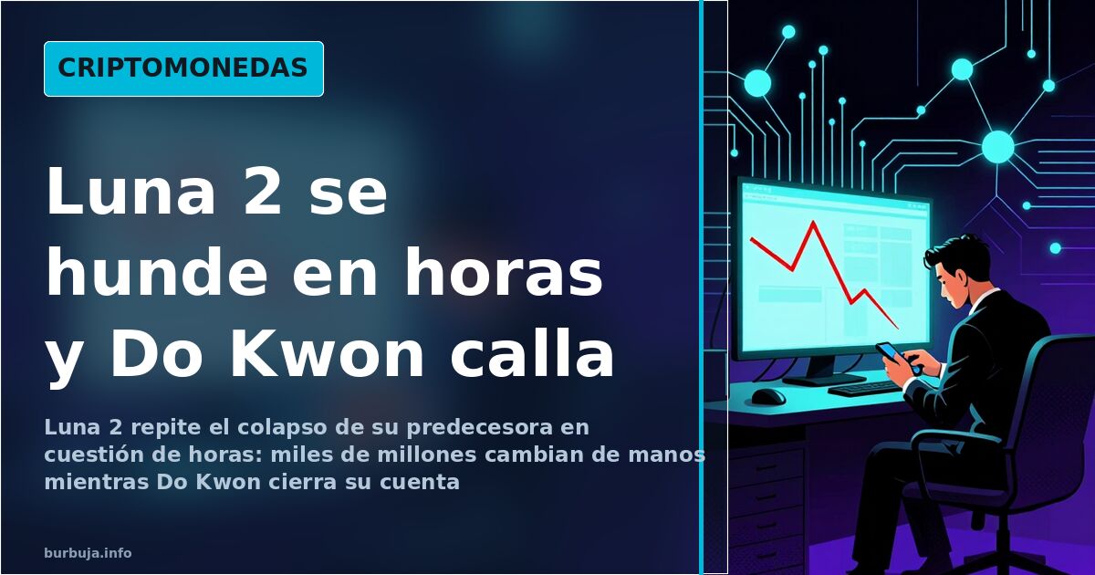 Red de nodos y circuitos en azul neón que ilustra el colapso de la criptomoneda Luna 2 y la caída de su capitalización