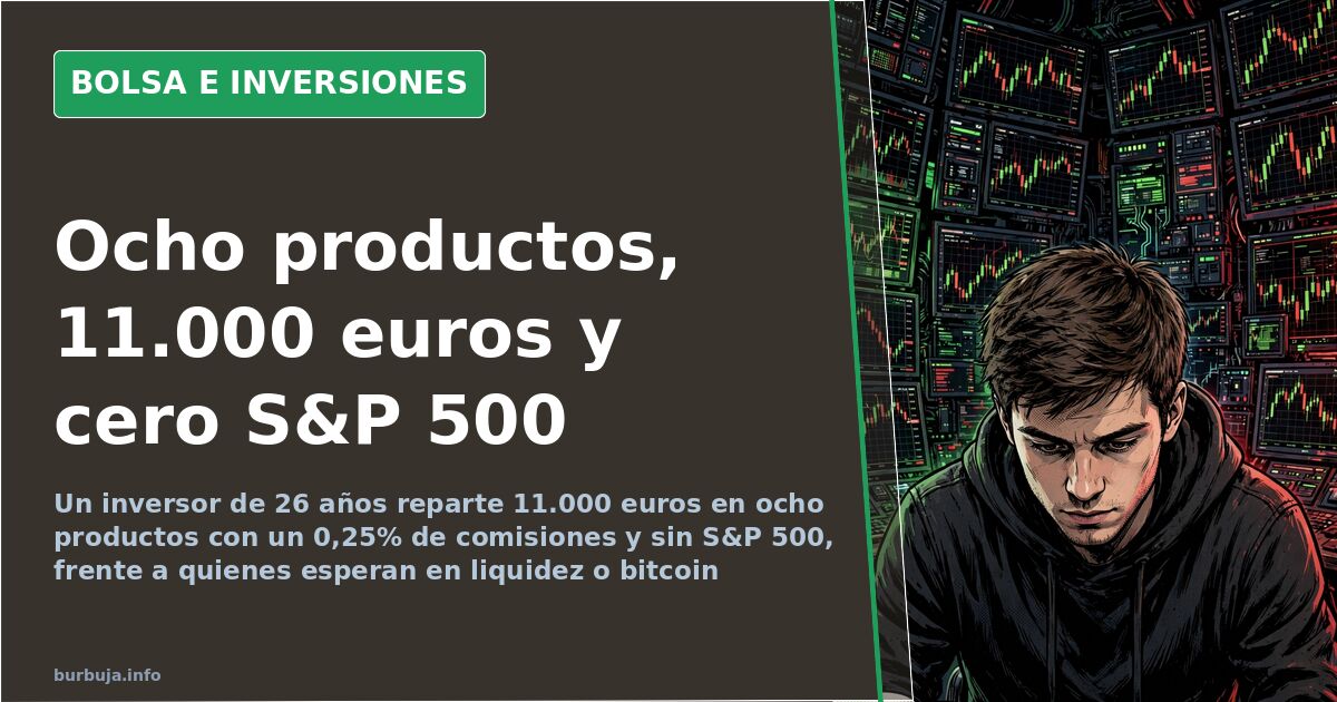 Terminal financiera con gráficos de velas en rojo y verde y un panel de cartera de fondos indexados sobre fondo oscuro