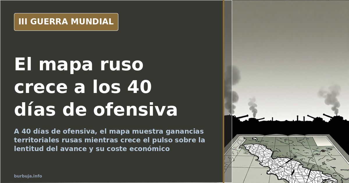 Mapa del frente de la ofensiva rusa en Ucrania con las zonas ganadas tras 40 días y siluetas de artillería al fondo