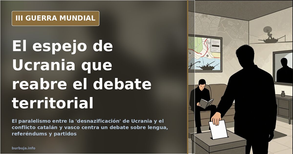 Mapa desaturado de la península con siluetas de equipamiento militar y humo lejano sobre el debate de la desnazificación