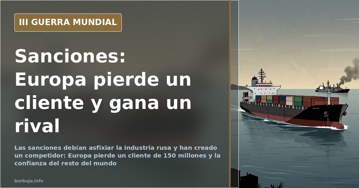 Silueta industrial y mapa de Eurasia en ilustración documental desaturada sobre las sanciones y la sustitución de importacion