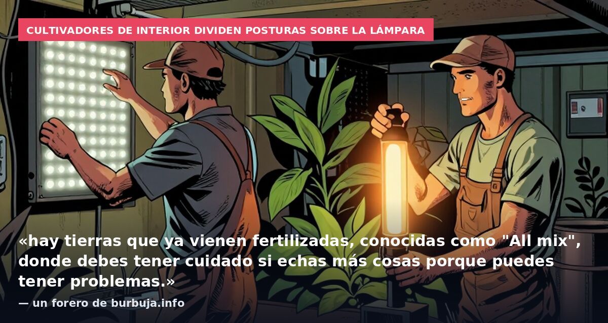 Cultivadores de interior dividen posturas sobre la lámpara: «hay tierras que ya vienen fertilizadas, conocidas como "All mix", donde debes tener cuidado si echas más cosas porque puedes tener problemas.» — un forero de burbuja.info