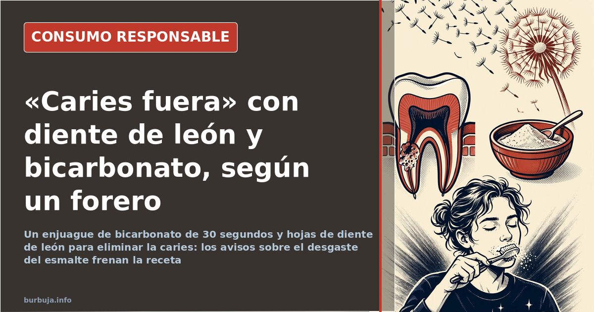 Manos restregando una hoja de diente de león junto a un recipiente con bicarbonato de sodio para la higiene dental