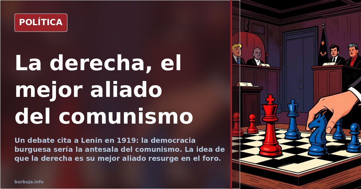Ilustración editorial de un parlamento con escaños rojos y azules, una urna electoral y una bandera soviética ondeando al fon