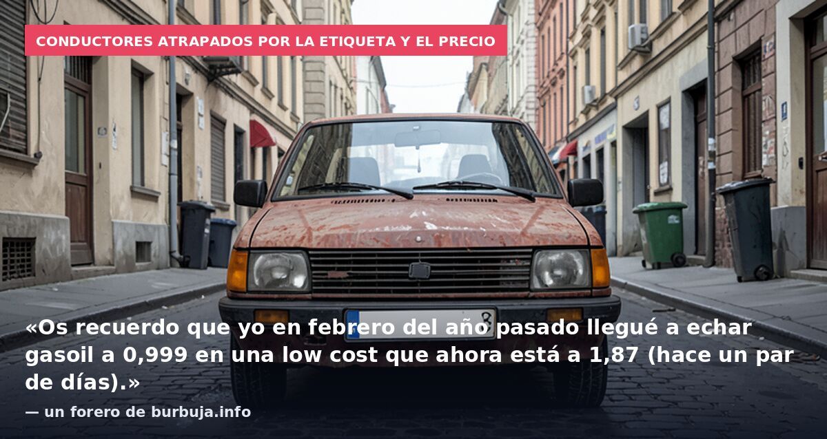 Conductores atrapados por la etiqueta y el precio: «Os recuerdo que yo en febrero del año pasado llegué a echar gasoil a 0,999 en una low cost que ahora está a 1,87 (hace un par de días).» — un forero de burbuja.info