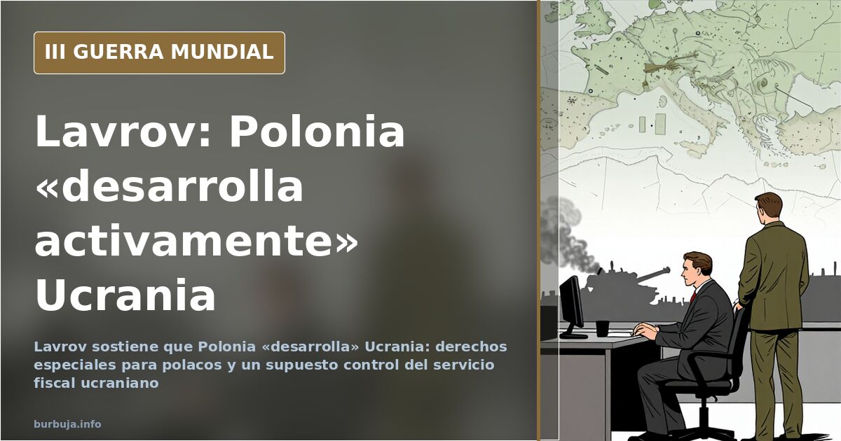 Mapa de Ucrania con el este y el oeste marcados, siluetas de vehículos militares y humo lejano en el horizonte