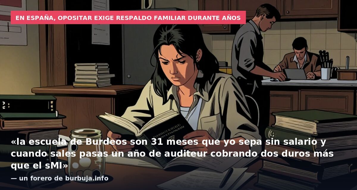 En España, opositar exige respaldo familiar durante años: «la escuela de Burdeos son 31 meses que yo sepa sin salario y cuando sales pasas un año de auditeur cobrando dos duros más que el sMI» — un forero de burbuja.info