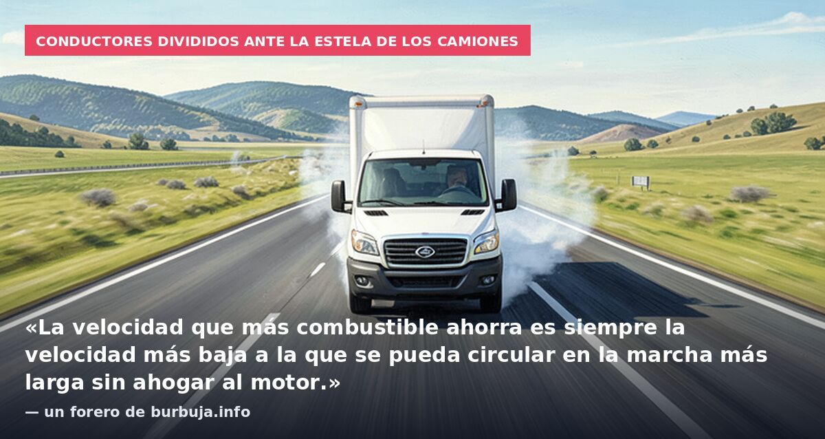 Conductores divididos ante la estela de los camiones: «La velocidad que más combustible ahorra es siempre la velocidad más baja a la que se pueda circular en la marcha más larga sin ahogar al motor.» — un forero de burbuja.info
