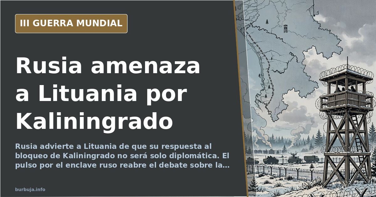 Mapa del enclave ruso de Kaliningrado entre Lituania y Polonia con siluetas de equipo militar y humo lejano en el horizonte