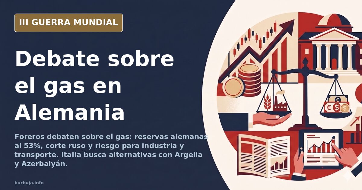 Mapa de Europa con gasoductos y depósitos de gas alemanes marcados en rojo, con siluetas de infraestructuras industriales al 