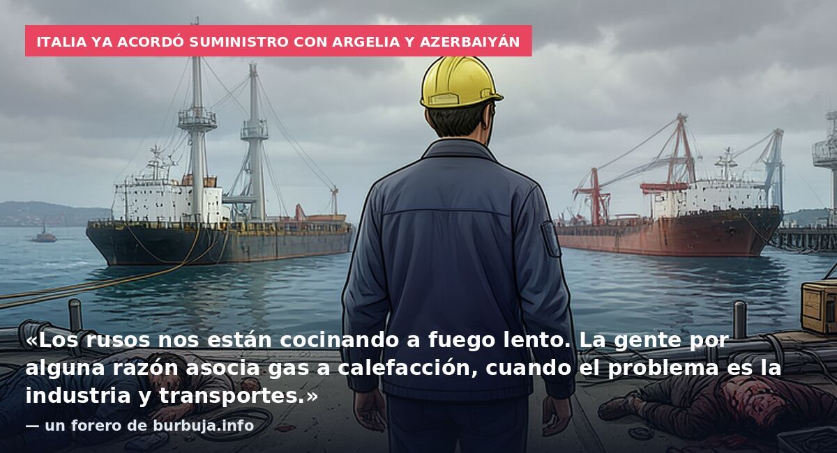 Italia ya acordó suministro con Argelia y Azerbaiyán: «Los rusos nos están cocinando a fuego lento. La gente por alguna razón asocia gas a calefacción, cuando el problema es la industria y transportes.» — un forero de burbuja.info
