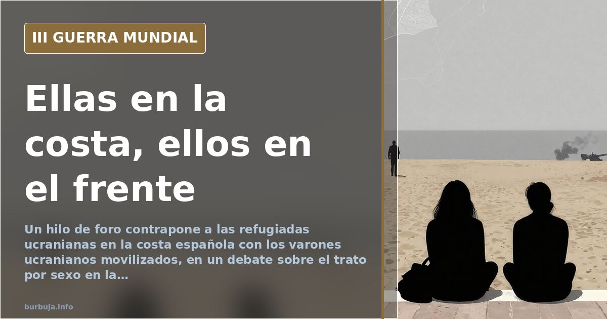 Silueta de una mujer joven con maleta frente a la costa mediterránea, con humo de guerra al fondo en tonos desaturados