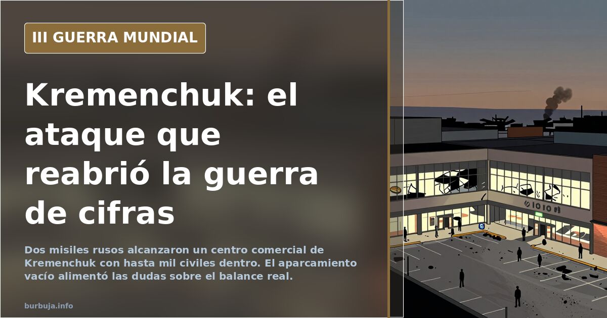 Aparcamiento casi vacío frente a un centro comercial de Kremenchuk alcanzado por dos misiles rusos, con columnas de humo al f