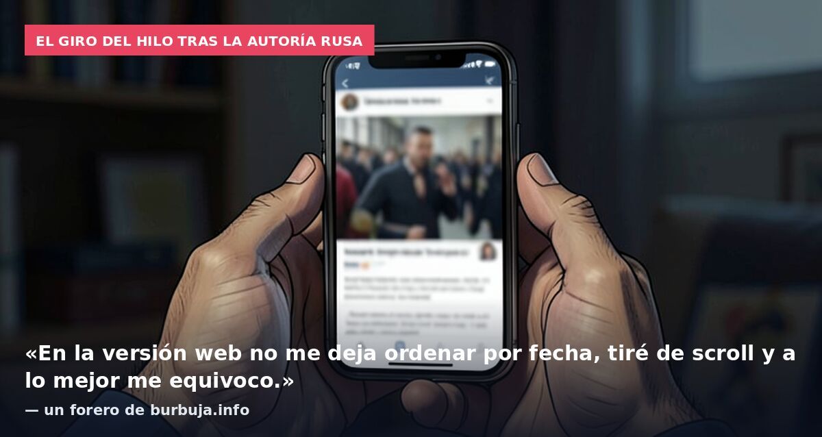 El giro del hilo tras la autoría rusa: «En la versión web no me deja ordenar por fecha, tiré de scroll y a lo mejor me equivoco.» — un forero de burbuja.info