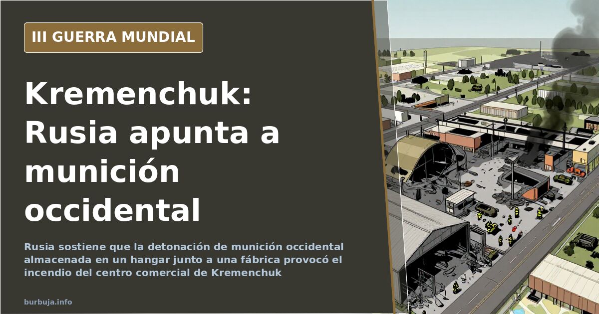 Vista ilustrativa de un centro comercial con la cubierta hundida tras un incendio, junto a naves industriales y un hangar en 