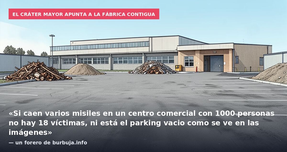 El cráter mayor apunta a la fábrica contigua: «Si caen varios misiles en un centro comercial con 1000 personas no hay 18 víctimas, ni está el parking vacio como se ve en las imágenes» — un forero de burbuja.info