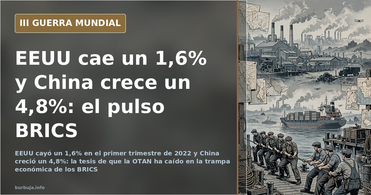 Mapa desaturado con banderas de la OTAN y los BRICS y siluetas de equipamiento militar sobre un horizonte con humo lejano