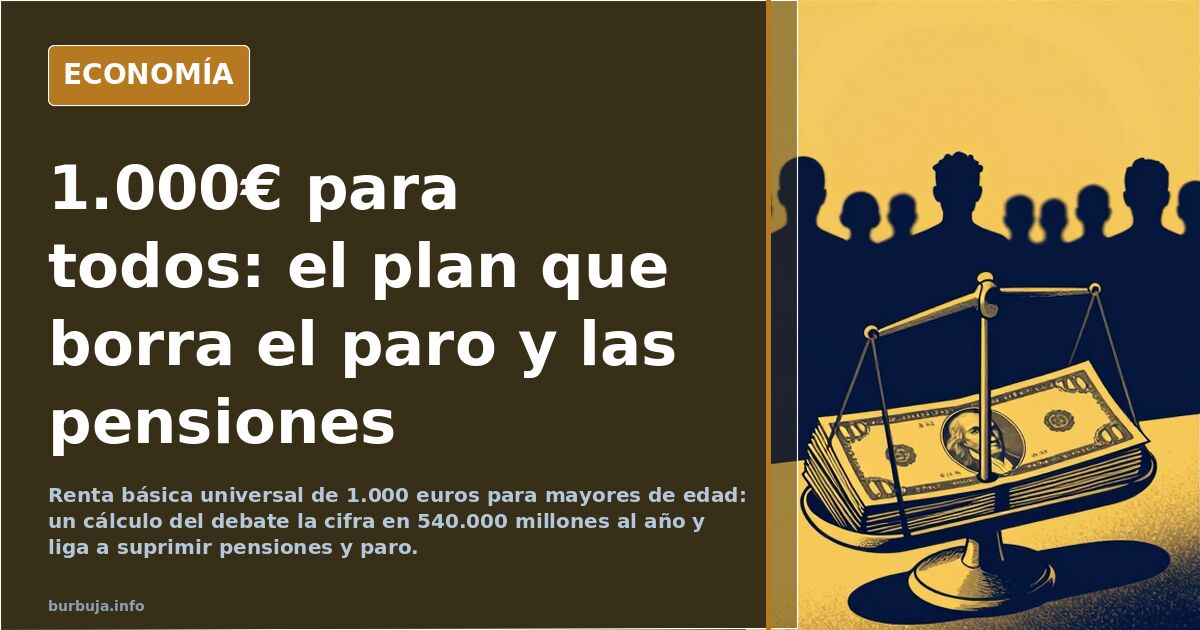 Ilustración editorial sobre la renta básica universal con billetes idénticos y gráficos decrecientes en azul marino y dorado
