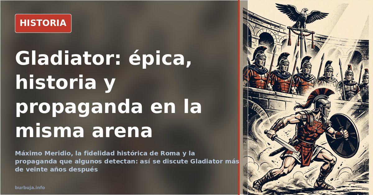 Fotograma de Gladiator con un gladiador de armadura frente al Coliseo romano en la escena de combate