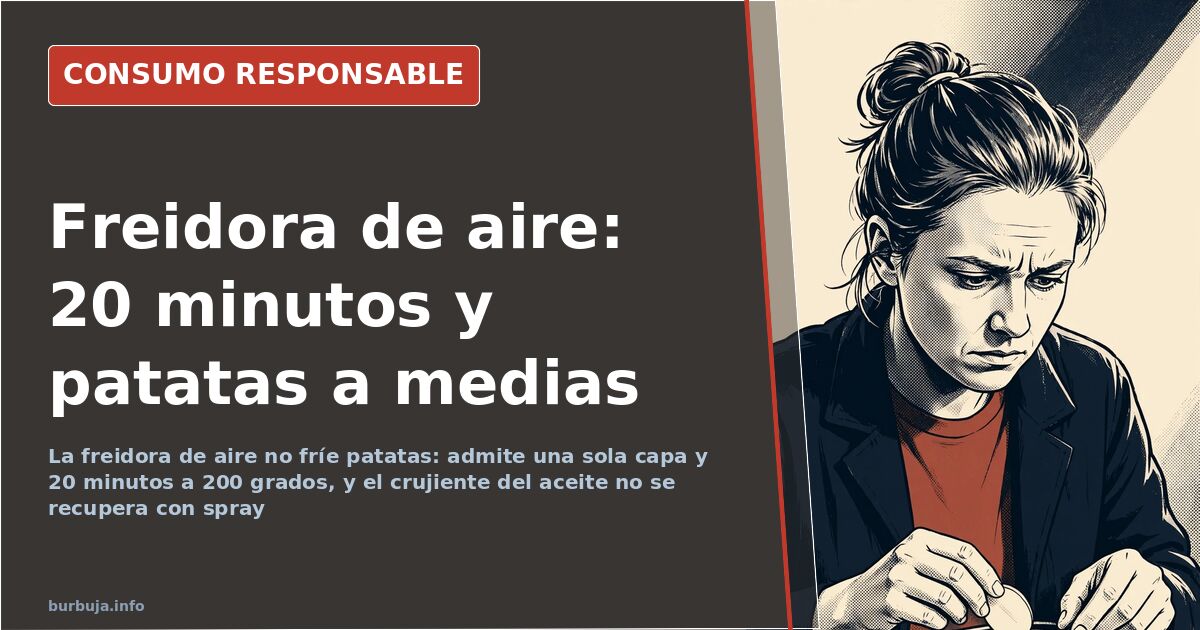 Patatas fritas en el cestillo de una freidora de aire, aparato que no alcanza el dorado crujiente del aceite
