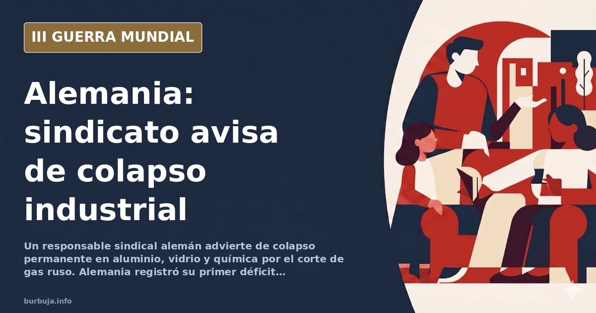 Silueta de complejo industrial alemán con chimeneas humeantes y mapa de gasoductos rusos hacia Europa en tonos desaturados