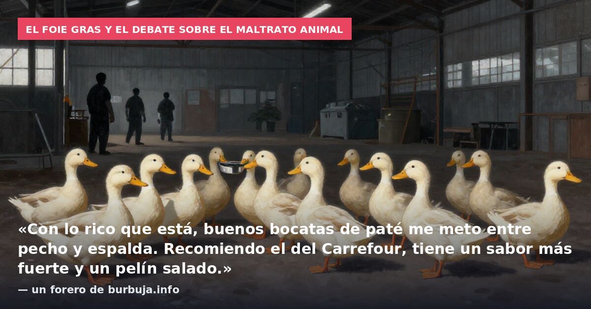 El foie gras y el debate sobre el maltrato animal: «Con lo rico que está, buenos bocatas de paté me meto entre pecho y espalda. Recomiendo el del Carrefour, tiene un sabor más fuerte y un pelín salado.» — un forero de burbuja.info