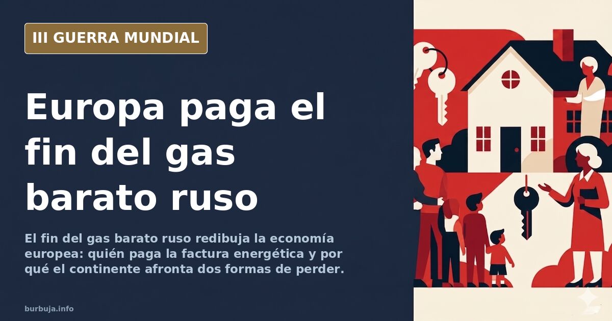 Mapa de Europa con gasoductos y rutas de suministro energético en tonos desaturados, siluetas industriales y humo lejano en e