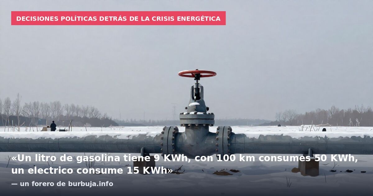 Decisiones políticas detrás de la crisis energética: «Un litro de gasolina tiene 9 KWh, con 100 km consumes 50 KWh, un electrico consume 15 KWh» — un forero de burbuja.info