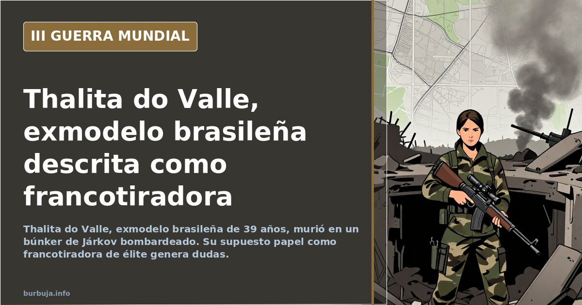 Silueta de una combatiente con fusil ante un búnker dañado en Járkov, humo lejano y mapa de Ucrania en tonos desaturados