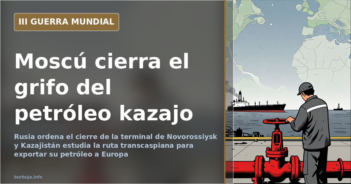 Mapa del mar Caspio con rutas de exportación de petróleo kazajo y silueta de terminal petrolífera bajo paleta desaturada