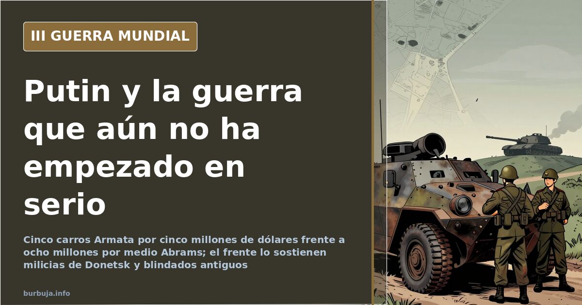 Ilustración documental desaturada con siluetas de carros de combate rusos, un mapa del Donbás y humo lejano en el horizonte