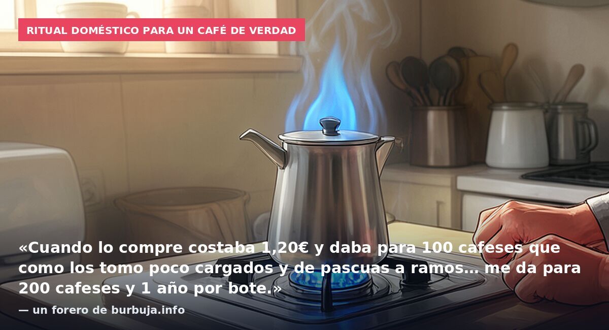 Ritual doméstico para un café de verdad: «Cuando lo compre costaba 1,20€ y daba para 100 cafeses que como los tomo poco cargados y de pascuas a ramos… me da para 200 cafeses y 1 año por bote.» — un forero de burbuja.info