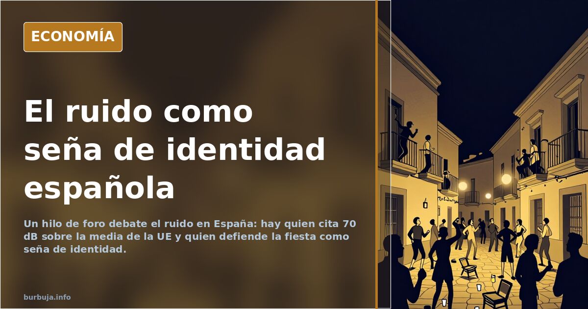 Ilustración editorial de una calle española con terrazas ruidosas y vecinos tapándose los oídos, en tonos azul marino y dorad