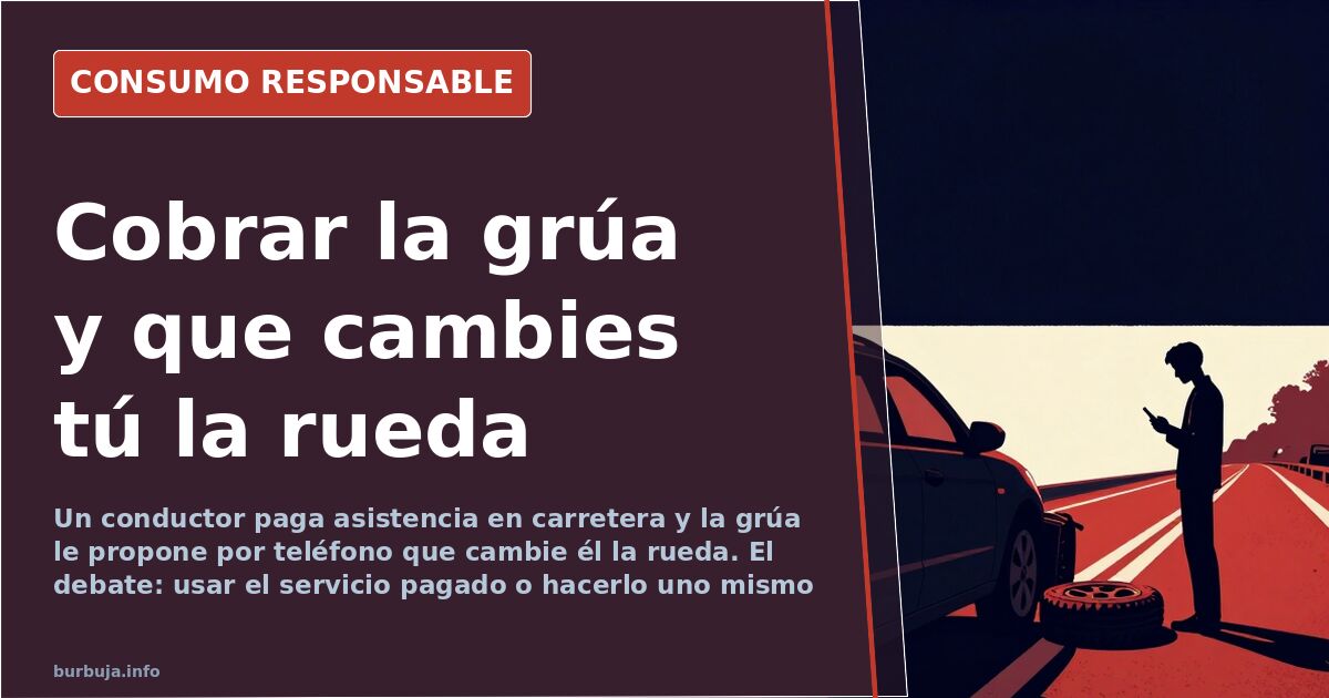 Rueda pinchada de un coche en el arcén con la rueda de repuesto y el gato de tijera preparados para el cambio