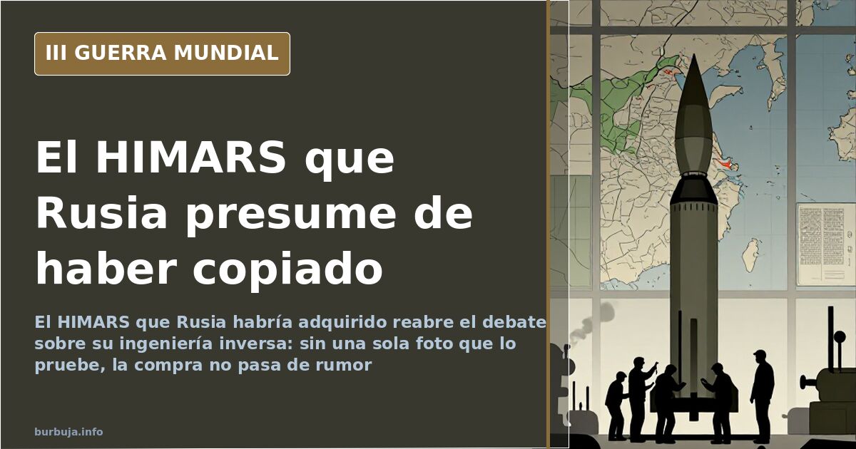 Silueta de un lanzacohetes HIMARS sobre un mapa militar, con estelas de cohetes y humo en el horizonte