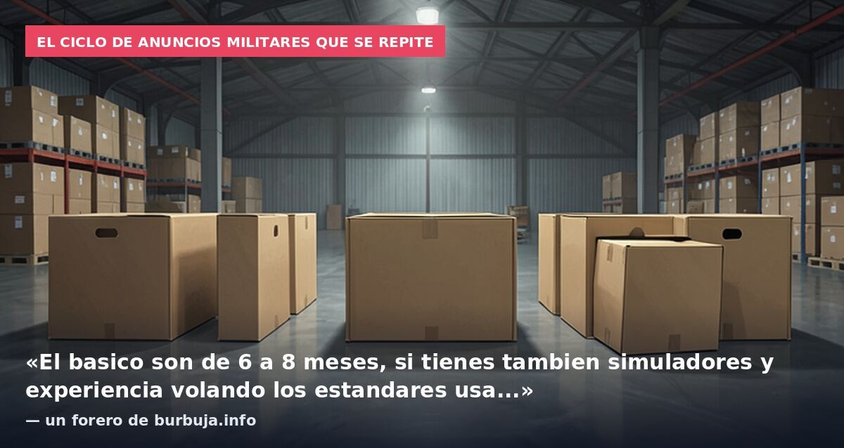 El ciclo de anuncios militares que se repite: «El basico son de 6 a 8 meses, si tienes tambien simuladores y experiencia volando los estandares usa...» — un forero de burbuja.info