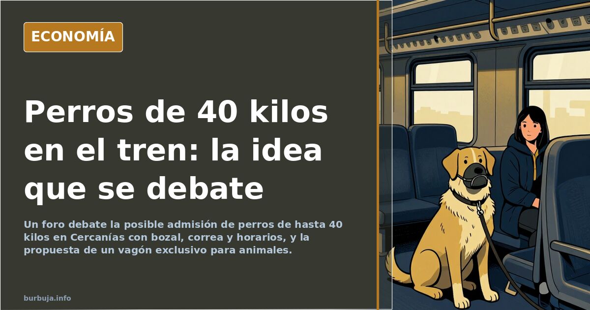 Ilustración editorial de un vagón de tren con un perro grande atado junto a pasajeros sentados y un revisor comprobando bille