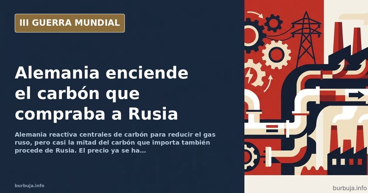 Silueta de una central térmica de carbón alemana con humo en el horizonte y un mapa de rutas de importación energética