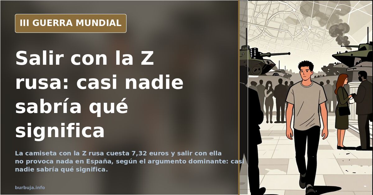 Camiseta con la Z rusa y bandera de Rusia sobre una barandilla urbana, con siluetas de ciudadanos indiferentes al fondo