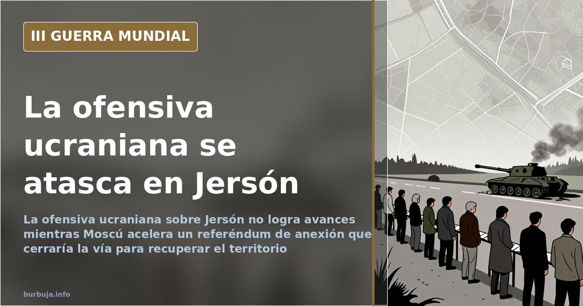 Mapa del sur de Ucrania con la región de Jersón, siluetas de artillería y humo lejano en la ofensiva ucraniana