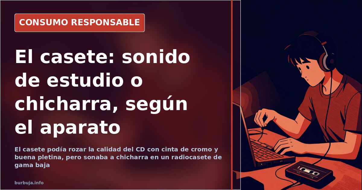 Reproductor de casete vintage con cinta de cromo insertada y cabezal visible junto a una cinta de audio