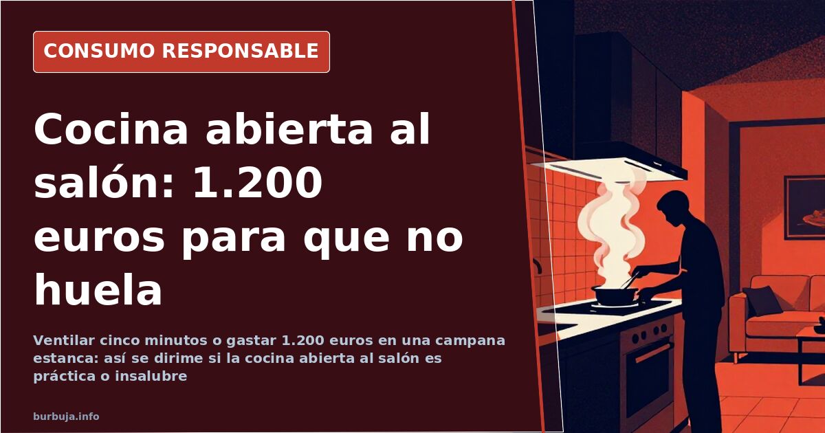 Salón y cocina integrados en un mismo espacio, con isla central, sofá al fondo y campana extractora sobre los fogones