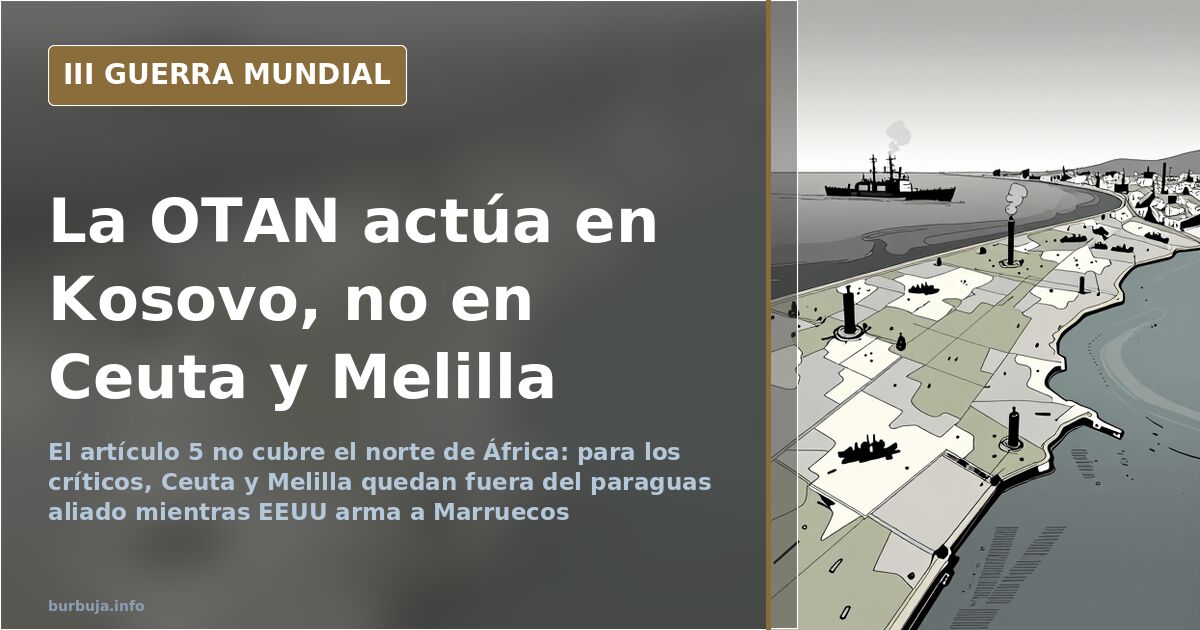 Mapa del Estrecho con Ceuta y Melilla fuera del perímetro de la OTAN y una silueta de avión militar en el horizonte