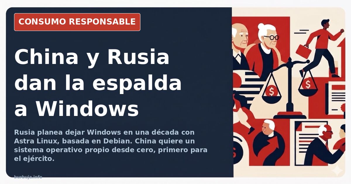 Pantalla de ordenador con logo de Windows y terminal de Linux en primer plano simbolizando la migración de China y Rusia a si