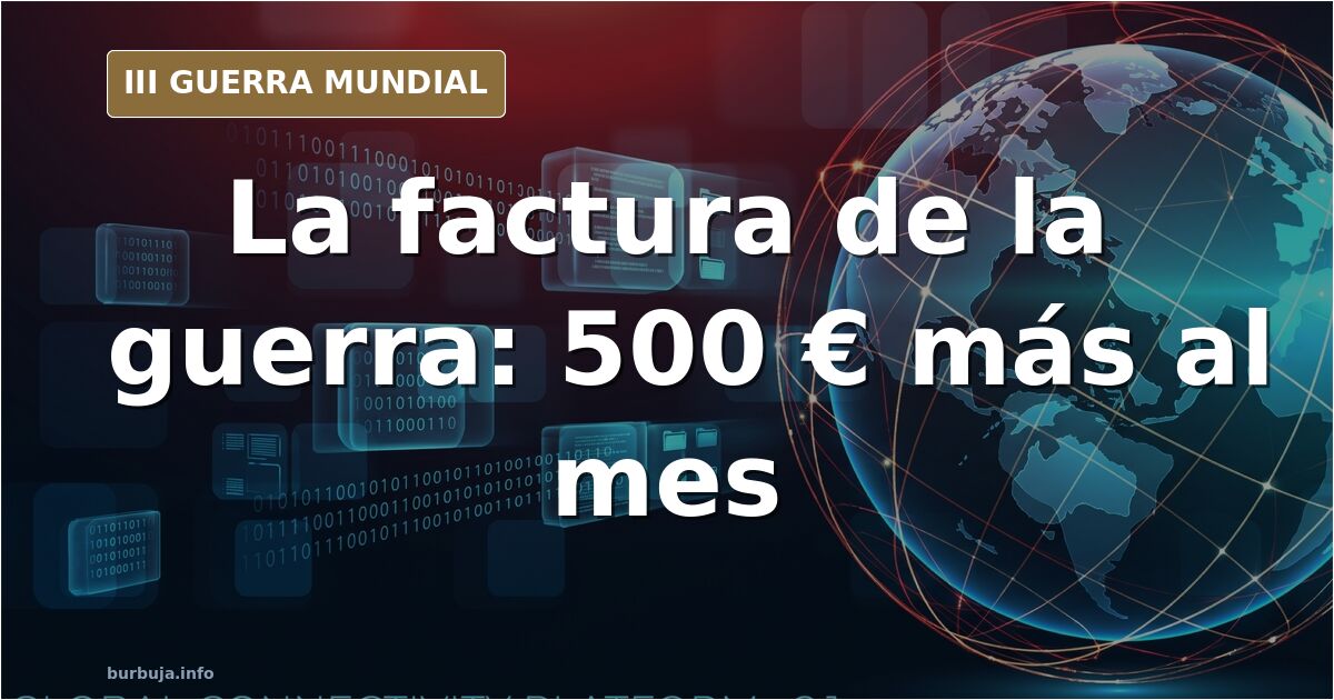 Torres de alta tensión y una gasolinera bajo un cielo gris, con siluetas de infraestructuras y un mapa de Europa al fondo